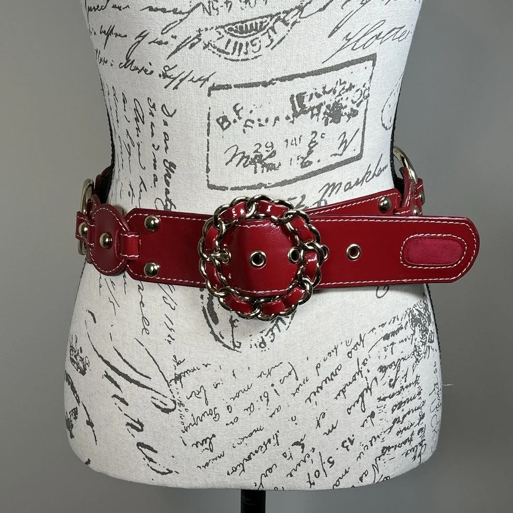 Kathy Van Zeeland Red Glossy Statement Belt S Chain Buckle Silver Hardware Y2K